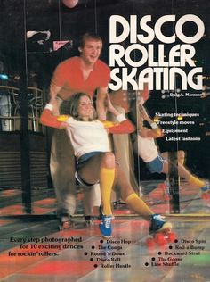 an advertisement for disco roller skating with two people on the front and one person sitting in the back