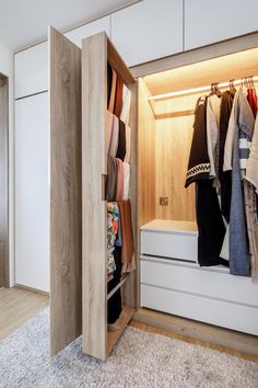 an open closet with clothes hanging on the wall and carpeted flooring in front of it