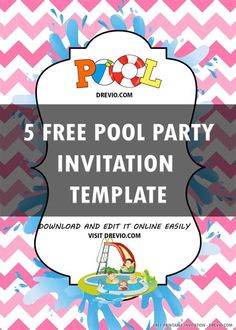 the 5 free pool party invitation template is shown in pink and white chevrons