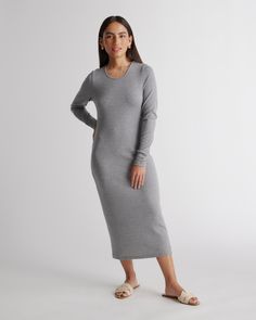 We've added long sleeves to our favorite rib knit dress. With a classic scoop neckline and midi-length, this rib knit dress will take you from day to night. So comfy and versatile, with a lot of stretch for the perfect fit. Tencel™ lyocell is a biodegradable fabric made from cellulose found in wood pulp. It is softer, more breathable, and uses 10-20 times less water in production compared to cotton.  | Quince | Women's Tencel Rib Knit Long Sleeve Dress in Heather Grey, Size Large Knitted Dress Outfit, Knit Long Sleeve Dress, Rib Knit Dress, Long Sleeve Knit Dress, Ribbed Knit Dress, Comfy Dresses, Stretchy Dress, Sweater Dress Midi, Knit Long Sleeve