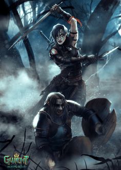 an image of two people in the woods with swords and armor, one holding a shield