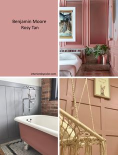 pink bathroom with gold accents and white bathtub in the middle, an old fashioned claw foot tub