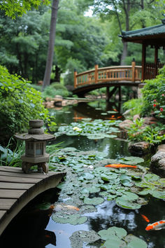 Japanese garden bridge, koi pond, lily pads, serene landscape, stone lantern, wooden deck, lush greenery, tranquil nature, water garden, Asian landscaping, zen atmosphere, garden tranquility, outdoor design, reflective water, peaceful retreat, koi fish, natural beauty, botanical garden, cultural landscape, meditation space. Japanese Botanical Garden, That Aesthetic, Lily Pads Aesthetic, Japanese Bridges, Clean Drains, Japanese Garden Art, Environment Studies, Japanese Pond