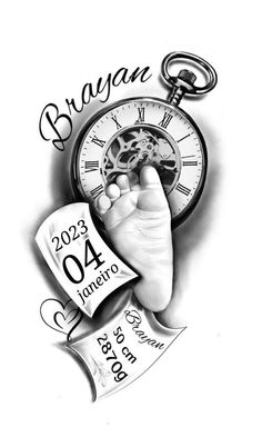 a black and white drawing of a baby's hand holding a pocket watch with the date on it