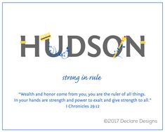 the words hudson are written in blue and grey on a white background with an image of a crown