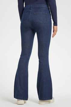 Put these flare-leg jeans on rotation and give your wardrobe an influx of fresh and youthful style. The Katya is thoughtfully designed with a high rise, so it hugs your curves, and a flared leg with front seaming so it lengthens your legs. Of course, they’re also supremely comfortable, so you feel great going about all your activities, from shopping to brunching to boarding a Mediterranean cruise. Made in mid-weight stretch denim using part-recycled material and real indigo dye. Wear the Katya w Flare Cropped Jeans With Five Pockets In Denim Blue, Flare Cropped Jeans With Five Pockets, Denim Blue Flare Jeans With Five Pockets, Chic High Waist Denim Blue Flares, Chic High-waist Denim Blue Flares, Chic Dark Wash Flare Cropped Jeans, Denim Flares With Five Pockets, Fitted Dark Wash Wide Leg Flare Jeans, Chic Full Length Denim Flare Jeans