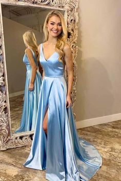 Simple Prom Gown, Prom Dress V Neck, Light Blue Prom, Simple Prom Dress Long, Prom Dress With Train, Light Blue Prom Dress, School Dance Dresses, Dresses Short Prom, Dress With Train