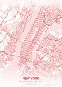 the new york city map in red on a light pink background with white outlines