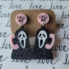 Make A Scene With These Spooky Grimace Call Me Dangle Earrings. These Bewitching Ghostface Earrings Are So Unique, Eye Catching And Make A Tremendous Fashion Statement For Halloween. The Earrings Are Created Of Acrylic, Silvertone Precious Metals And Hypoallergenic Earring Posts. The Earrings Are Lightweight, Durable And Super Cute! Recommended For Teens And Older. The Earrings Are Ready To Be Shipped. Length: 2 Inches Width: 1 Inch Ghostface Earrings, Earrings Acrylic, Earrings Halloween, Earring Posts, Hypoallergenic Earrings, Source Unknown, Halloween Coloring, Precious Metals, Post Earrings