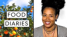 a woman smiling next to an orange tree with the words food diary written on it