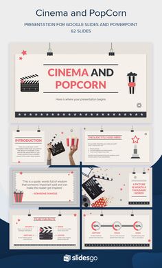 the cinema and popcorn powerpoint presentation is shown in red, white, and blue