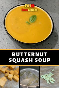 butternut squash soup in a black bowl