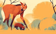 an illustration of a fox and her cub in the woods