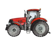 a drawing of a red tractor on a white background