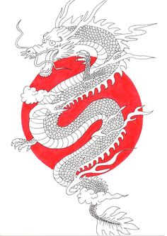 a drawing of a dragon on a white background with red circle in the foreground