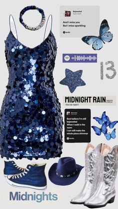 a blue sequin dress and cowboy boots are featured in the ad for midnights