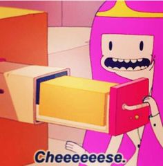 a cartoon character holding a box with the word cheese on it