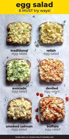 an egg salad is shown on top of toasted bread with the words, egg salad