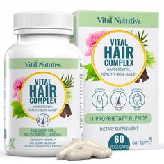 PRICES MAY VARY. Promotes Healthier Hair: Vital Hair Complex by Vital Nutritive is the ultimate hair supplement for men and women looking to achieve thicker, fuller hair growth. Our supplement contains Folate and Folic Acid, essential for healthy red blood cells that promote oxygen flow to the roots of hair follicles, including lashes and brows. Optimal Formula: Our complex hair supplement contains the most vital ingredients for optimal hair health, including biotin, vitamins A, B, C, D and E ha Best Vitamins For Hair Growth, Hair Supplements, Easy Bun Hairstyles, Vitamins For Hair Growth, For Healthy Hair, Hair Growth Supplement, Excess Hair, Skin Nails, Fast Hairstyles