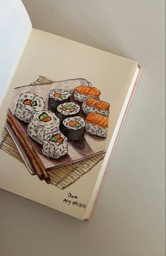 a drawing of sushi on a plate with chopsticks in front of it