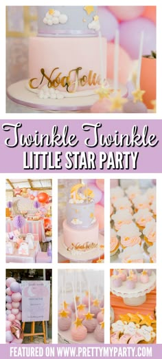 a pink and gold birthday party with lots of cake, cupcakes and decorations