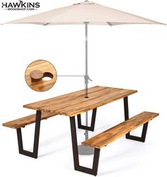 a picnic table with an umbrella over it and a wooden bench underneath the table for seating