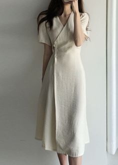 Boutique Beige V Neck Fashion Cotton Long Dresses Short Sleeve Dresses Short Sleeve, Cotton Long Dress, Beige Dresses, Natural Fabric, Modest Fashion Outfits, Mode Inspo, Dresses Short, Casual Style Outfits, Long Dresses