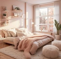 a bedroom with pink walls, white furniture and fur rugs on the floor in front of a large window