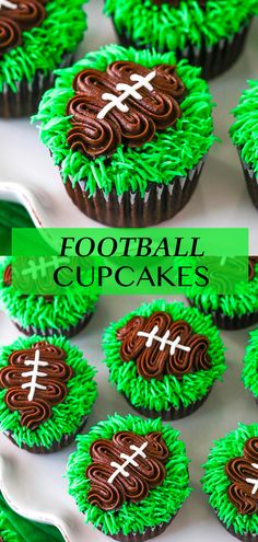 It’s officially football season, so it’s time to learn how to make these easy football cupcakes! A delicious cupcake is topped with green buttercream grass and a chocolate buttercream football, complete with white laces! Perfect for football watching, parties or a Super Bowl party! Football Cupcake Cakes, Super Bowl Cupcake, Homemade Chocolate Cupcakes, Football Cupcakes, Game Day Football, Football Cake, Cake And Cupcakes, Decorating Cakes, Cake Making