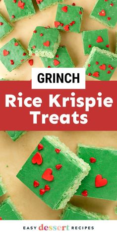 green rice krispie treats with red hearts on top and text overlay that reads, grin