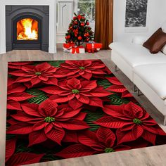 a christmas themed living room with red poinsettias on the floor and fireplace