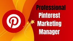 the pinterest marketing manager logo on top of a red and yellow swirl background