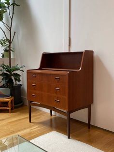 a wooden cabinet sitting on top of a hard wood floor next to a potted plant