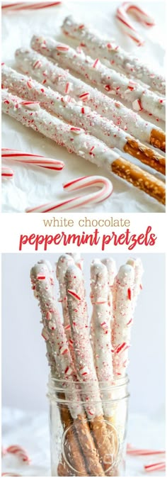 white chocolate peppermint pretzels in a jar with candy canes