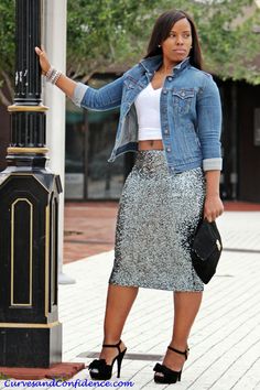 Curves and Confidence | Inspiring Curvy Women One Outfit At A Time: Weekend Wear: Denim and Sequins Skirt With Denim Jacket, Woman Inspiration, Curves And Confidence, Denim And Diamonds, Outfit Trends, Miami Fashion, Amazing Outfits, A Skirt, Curvy Girl Fashion