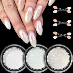 PRICES MAY VARY. DELICATE PEARL LUSTER--DR.MODE chrome powder kit comes with 3 different popular chrome nail glitters. Pearl nail glitter sparkles like ocean pearls and gives your nails a pearl-like feeling when you apply it on white gel ENDLESS COMBINATION EFFECTS -- chrome nail pigment has different mirror effects with different colors as the base color. Chrome powder can be matched with any color of gel polish to get endless combinations of effects. When applied on light base gel, you can get White Chrome Powder, Nails Glazed Donut, Pearl Chrome Nail, Irridescent Nails, Chrome Nails Silver, Nail Art Paillette, Pearl Chrome, White Chrome Nails, Butterfly Nail Designs