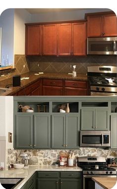 two pictures of different kitchen cabinets and appliances