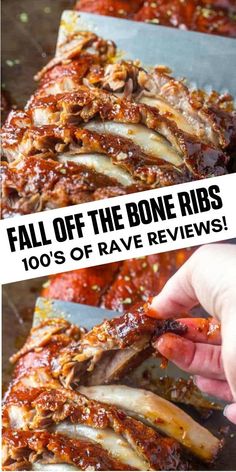 the ribs are being cut into pieces with text overlay that reads fall off the bone ribs 10's of rave review