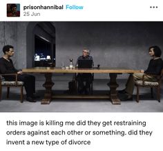 two men sitting at a table talking to each other with the caption'this image is killing one they get restraining orders against each other or something did they