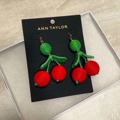 Nwt Ann Taylor Woven Cherry Earrings. Playful And Whimsical, These Three-Dimensional Cherry Earrings Add A Twist To Any Outfit. Taylor Red, Cherry Earrings, Earrings Color, Three Dimensional, Red Green, Ann Taylor, Cherry, Jewelry Earrings, Twist