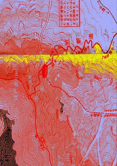 a red and yellow map with mountains in the background