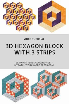 Video tutorial: 3D hexagon block with 3 strips Hexagon Quilt Ideas, Illusion Quilts, 3d Hexagon, Tumbling Blocks Quilt, Optical Illusion Quilts, Tumbling Blocks, English Paper Piecing Quilts, 3d Quilts