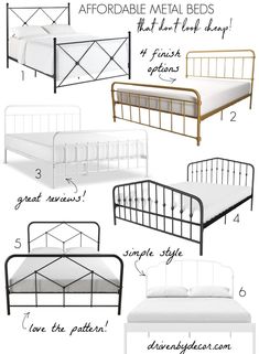 different types of metal beds with names and description for each bed frame, including the headboard