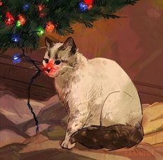 a white cat sitting under a christmas tree with lights on it's head and tail