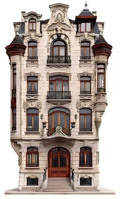 a very tall building with many windows and balconies on the top floor, in front of a white background