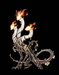 a white dragon with orange flames on its head and tail, standing in front of a black background