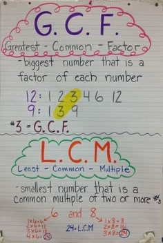 a white paper with writing on it that says g c f and has different types of numbers