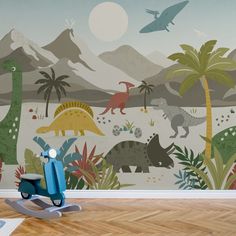 a child's room with dinosaur wallpaper and rocking toy in the foreground