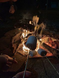 someone roasting marshmallows over an open fire