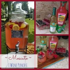 a collage of wine punch and sangriage bottles on a picnic table with the words moscato written in french